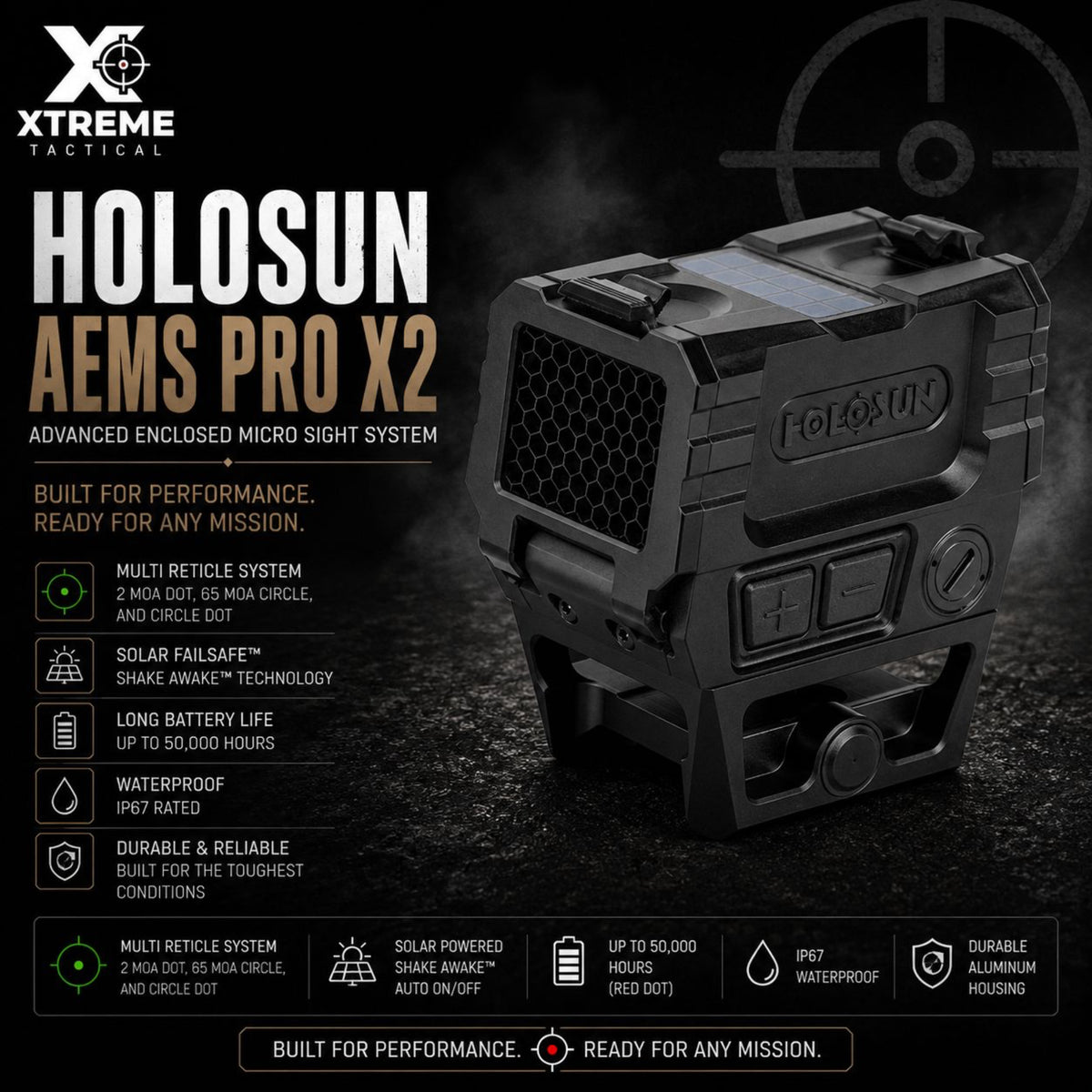 Holosun AEMS PRO X2 green dot sight with Solar Failsafe backup power that runs the dot in daylight