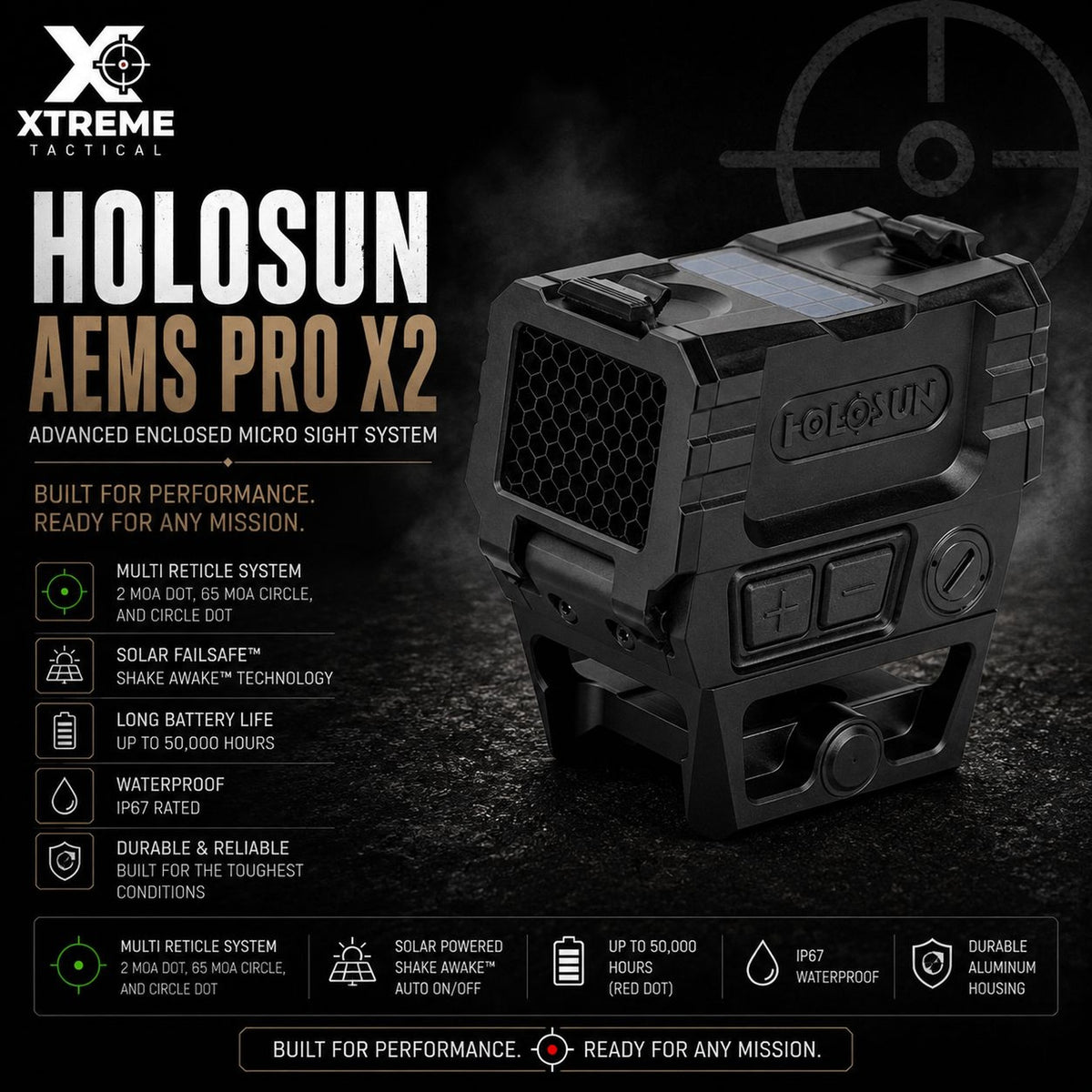 Holosun AEMS PRO X2 red dot sight with Solar Failsafe backup power that runs the dot in daylight