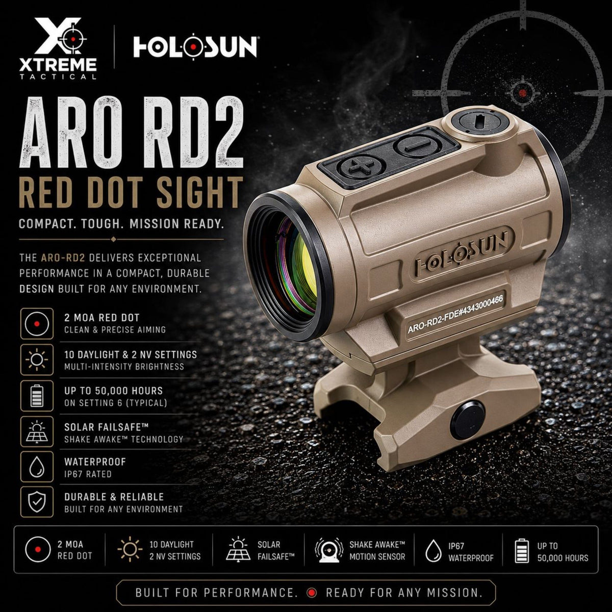 Holosun ARO RD2 red dot sight in Flat Dark Earth with daylight and night vision compatible brightness settings