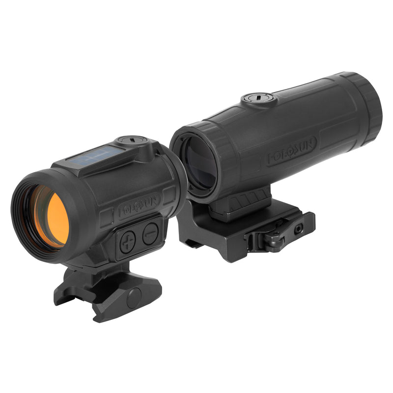 Holosun ARO red dot sight and HM3X 3x magnifier combo with a 2 MOA aiming dot on the ARO reflex sight