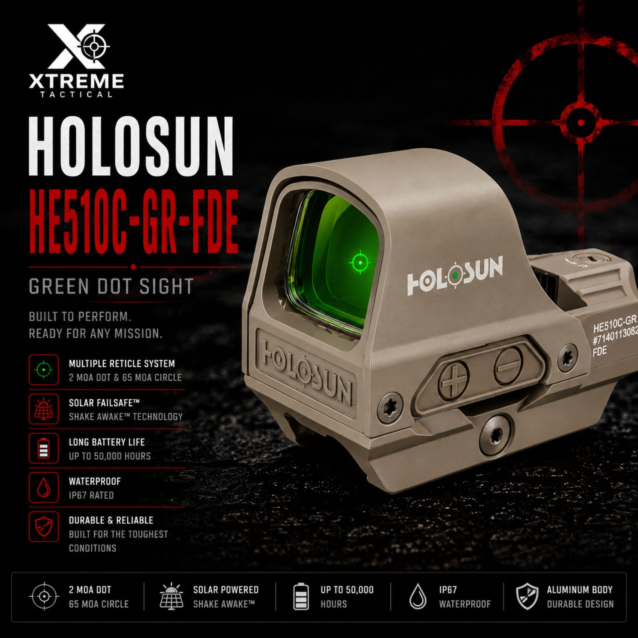 Holosun HE510C-GR Green Dot Sight Circle Dot 2 MOA & 65 MOA – Black & FDE Rifle Dot Sight Holosun Flat Dark Earth 
