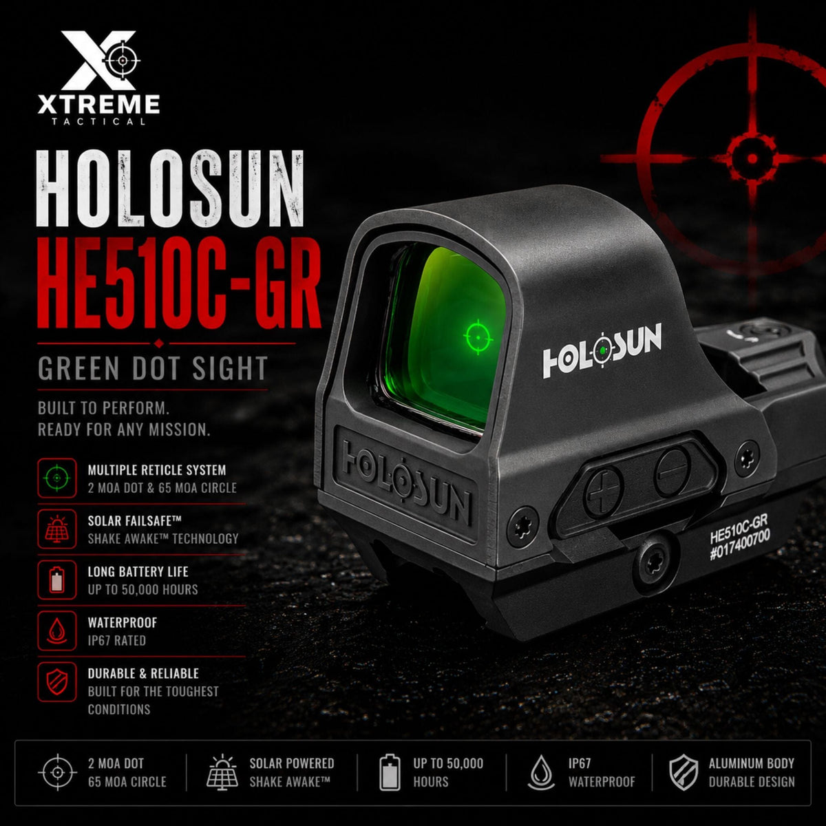 Holosun HE510C green dot sight with a wide rimless viewing window for an unobstructed sight picture