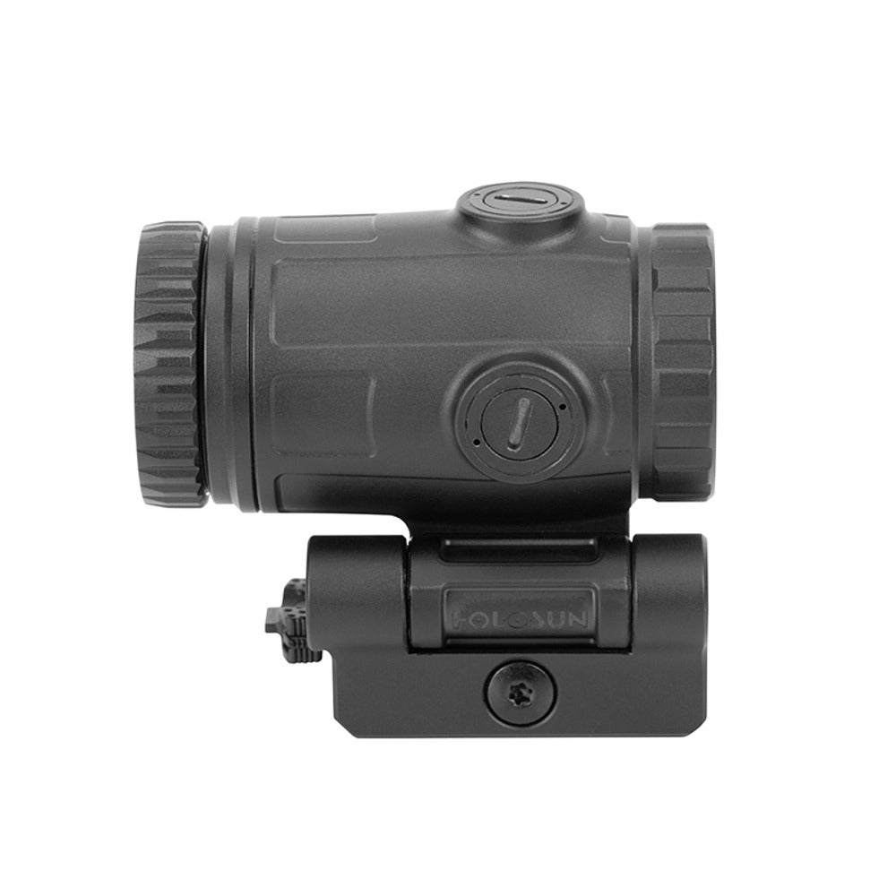 Holosun HM3X-MICRO 3x magnifier shown square on with its flip-to-side QD mount