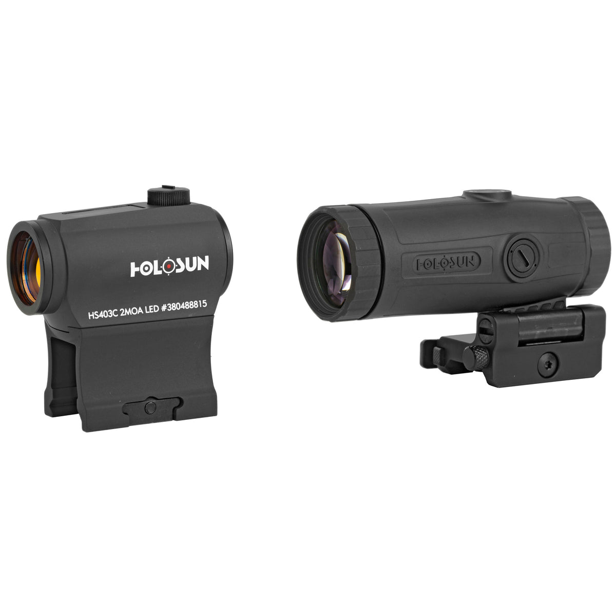 Holosun HS403C red dot sight and HM3X 3x magnifier combo with a 2 MOA aiming dot in a 20mm tube