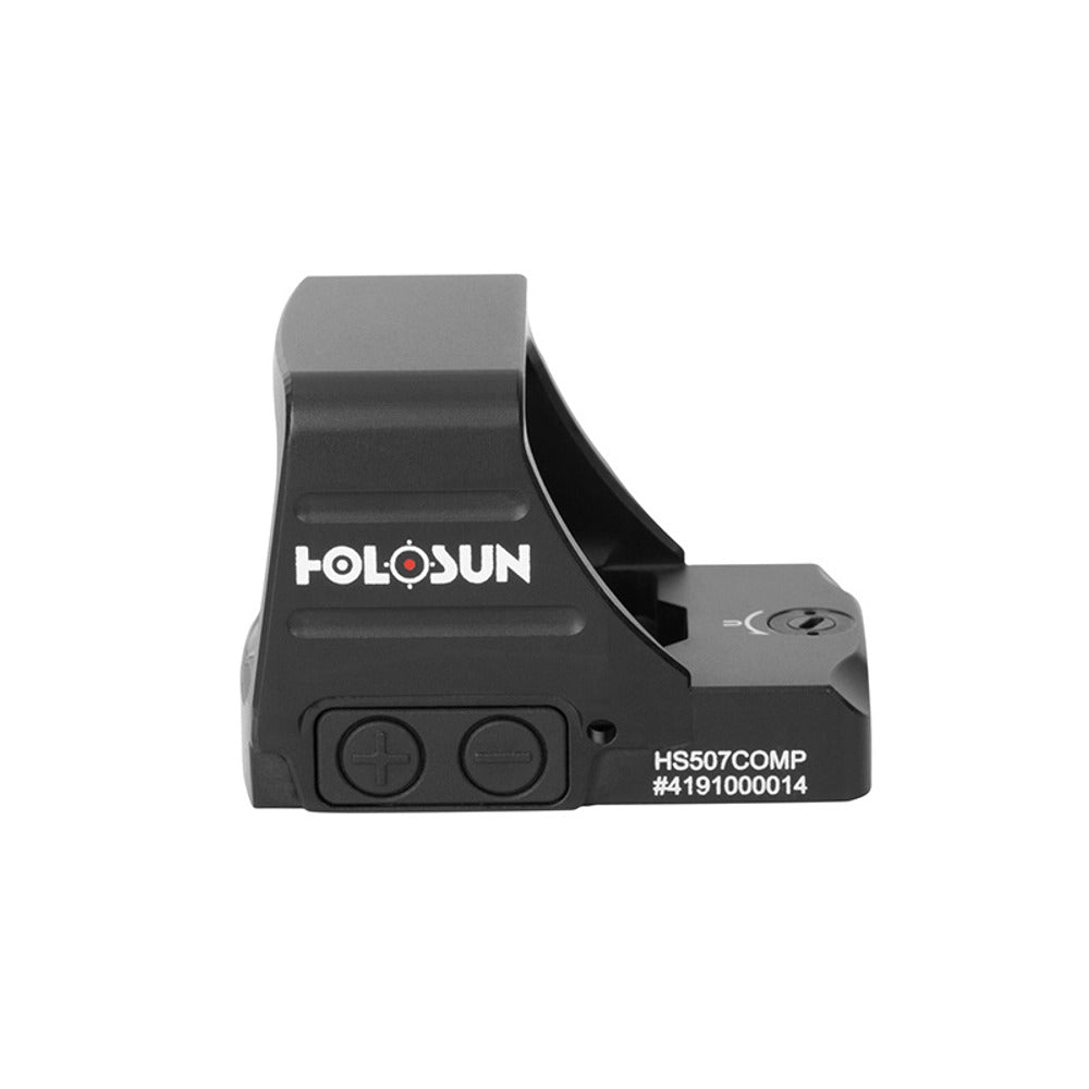 Holosun HS507COMP-GD gold dot sight with no reticle illuminated in the window