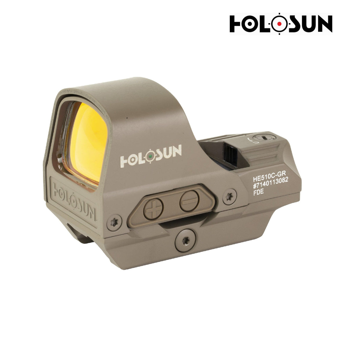 Holosun HS510C green dot sight in Flat Dark Earth with a titanium hood over the lens