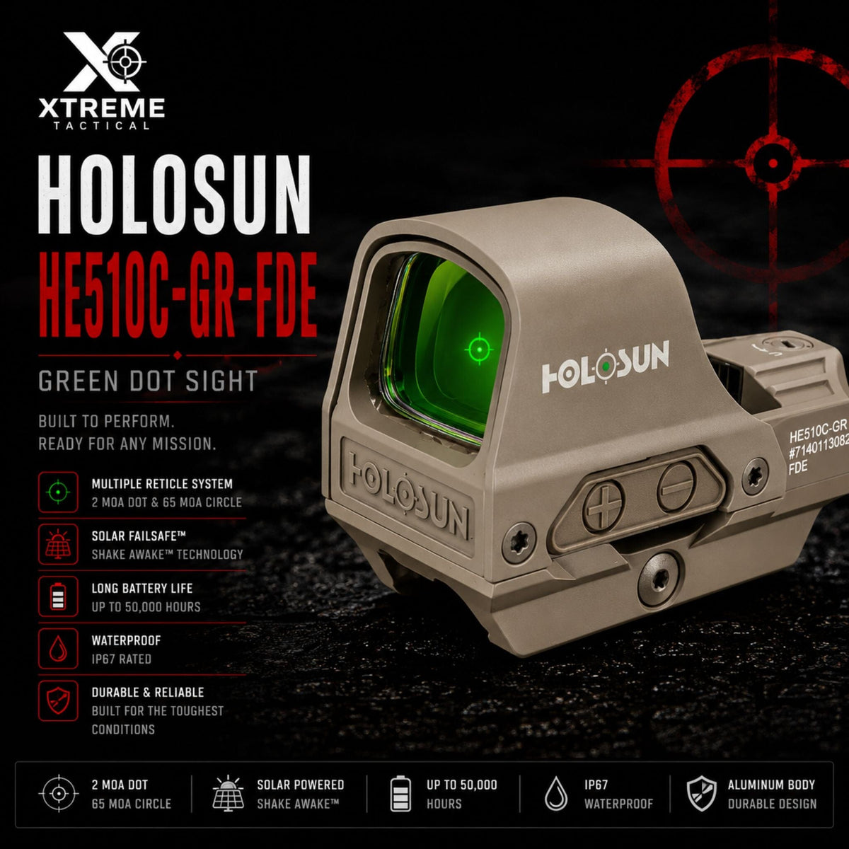 Holosun HS510C FDE green dot sight with a switchable multi-reticle system of dot, circle or circle-dot