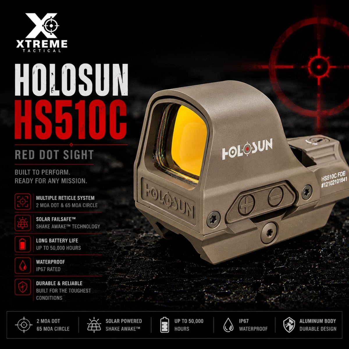Holosun HS510C FDE red dot sight with a switchable multi-reticle system of dot, circle or circle-dot