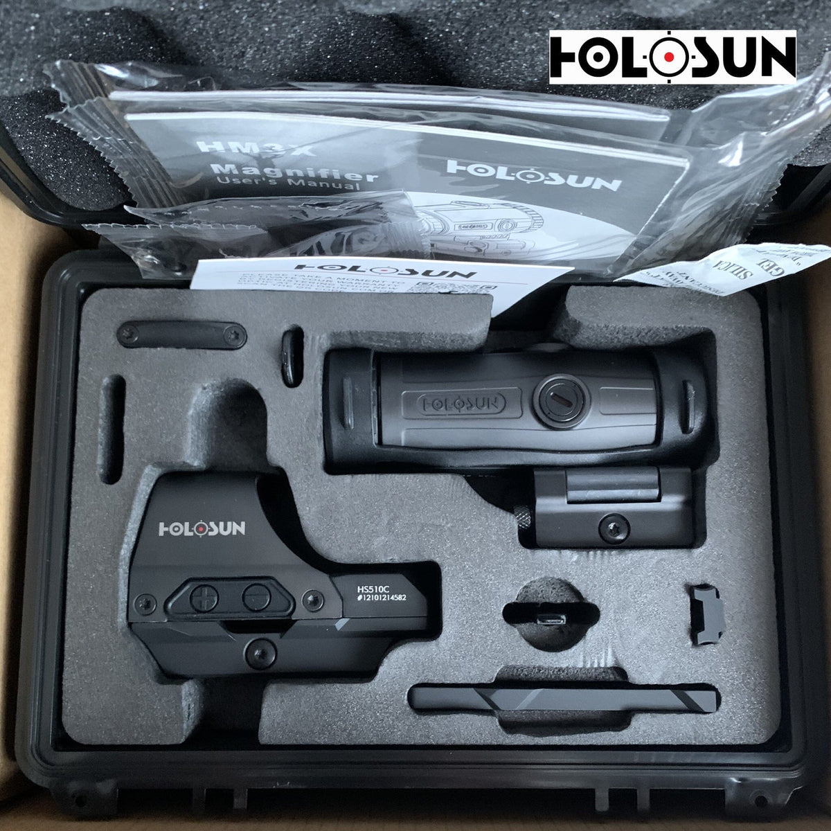 Holosun HS510C red dot sight and HM3X magnifier combo with the magnifier on a flip-to-side quick-detach mount