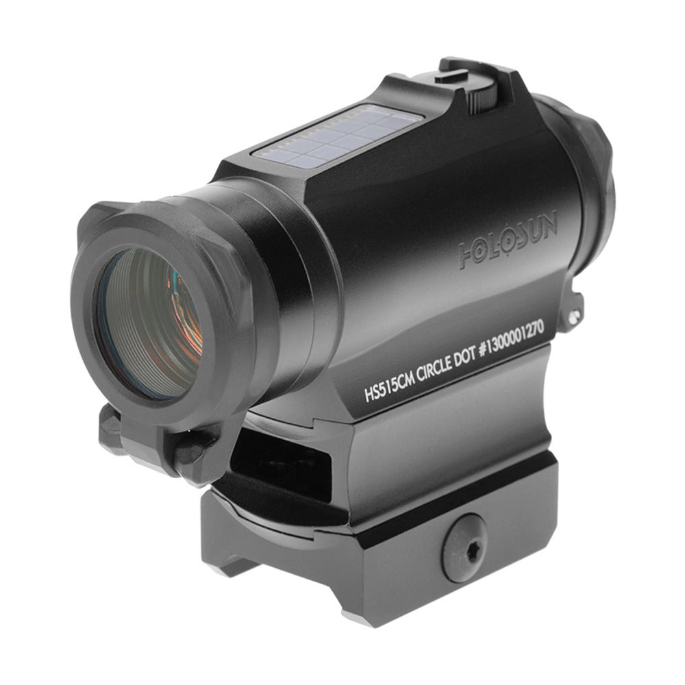 Holosun HS515CM red dot sight shown square on with its solar panel and QD mount