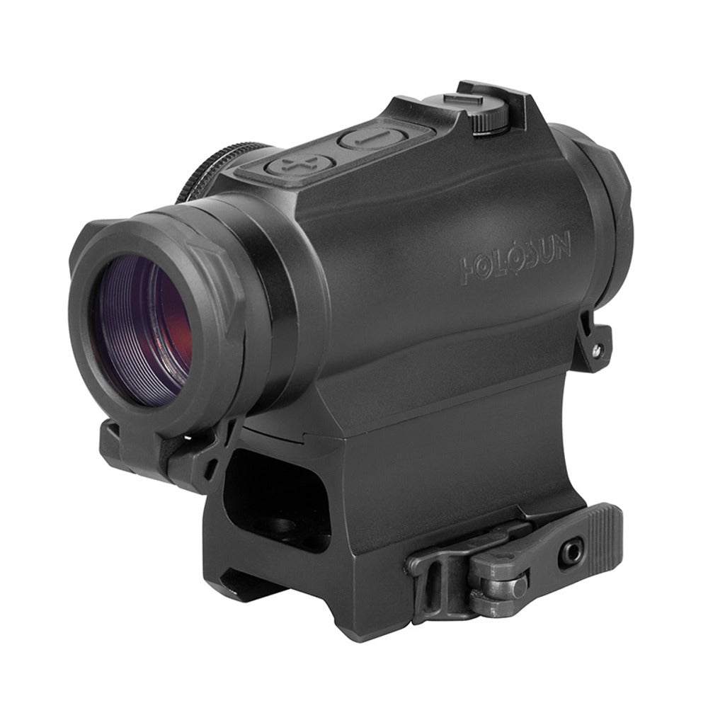Holosun HS515GM titanium bodied red dot sight shown square on with its QD mount