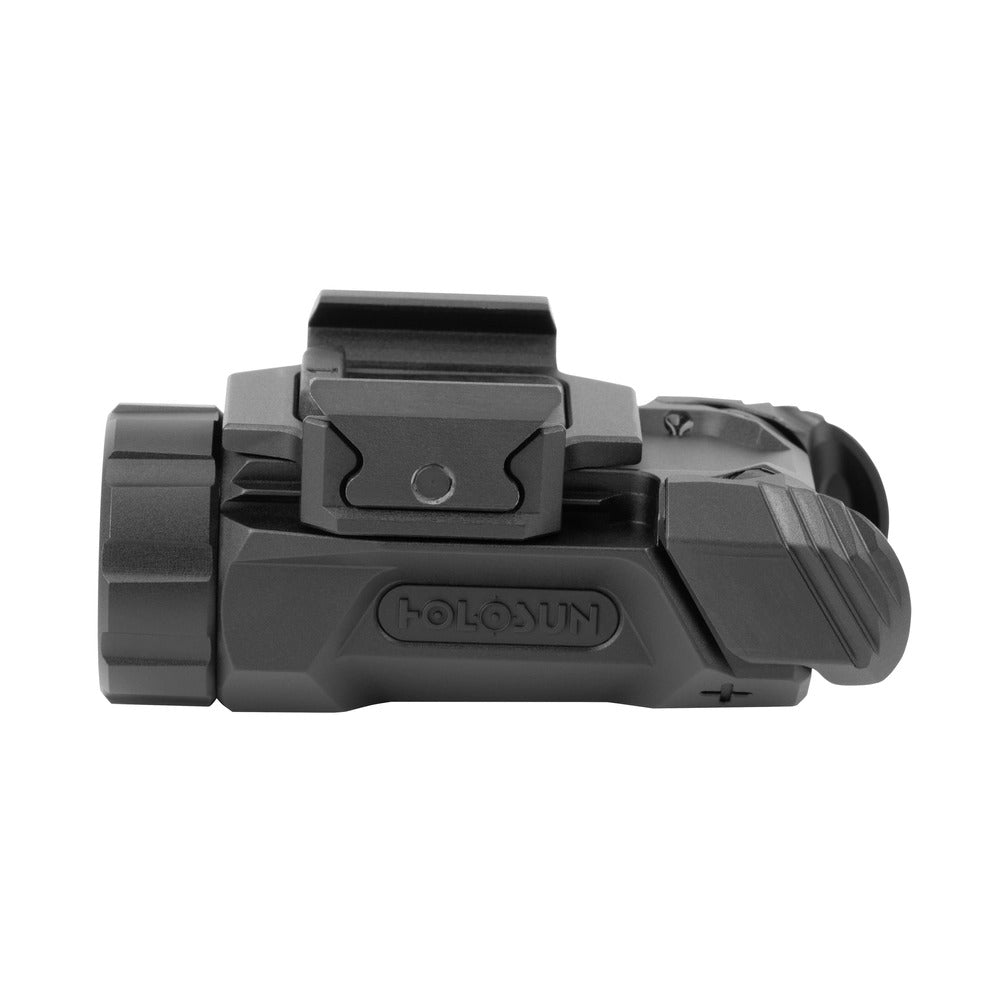 Holosun P.ID-K compact weapon light shown along its length with the rail clamp