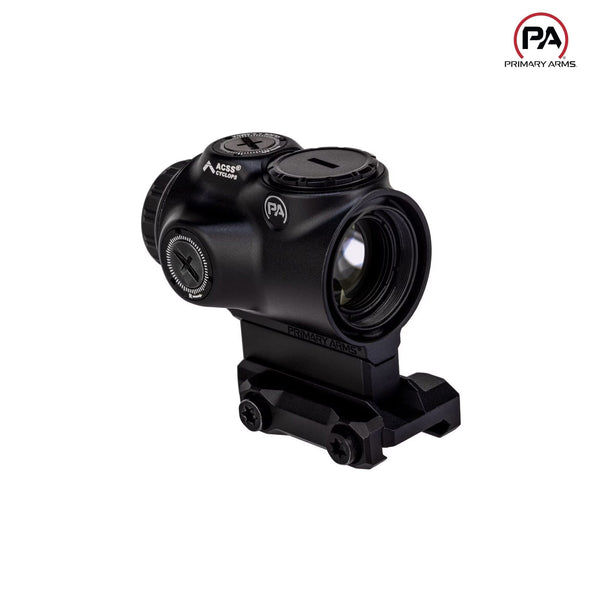 Primary Arms GLx 1X MicroPrism scope with a red illuminated ACSS Cyclops reticle at true 1x