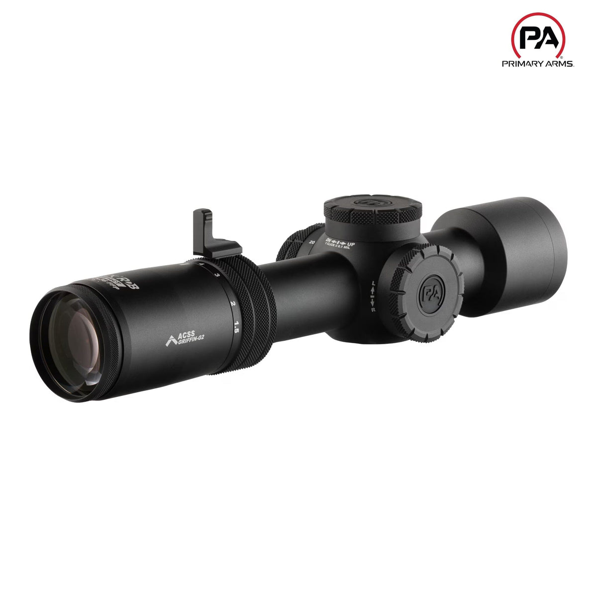 Primary Arms PLxC 1.5-12x36 rifle scope, FFP ACSS Griffin MIL Gen II reticle with the RDB red dot bright setting
