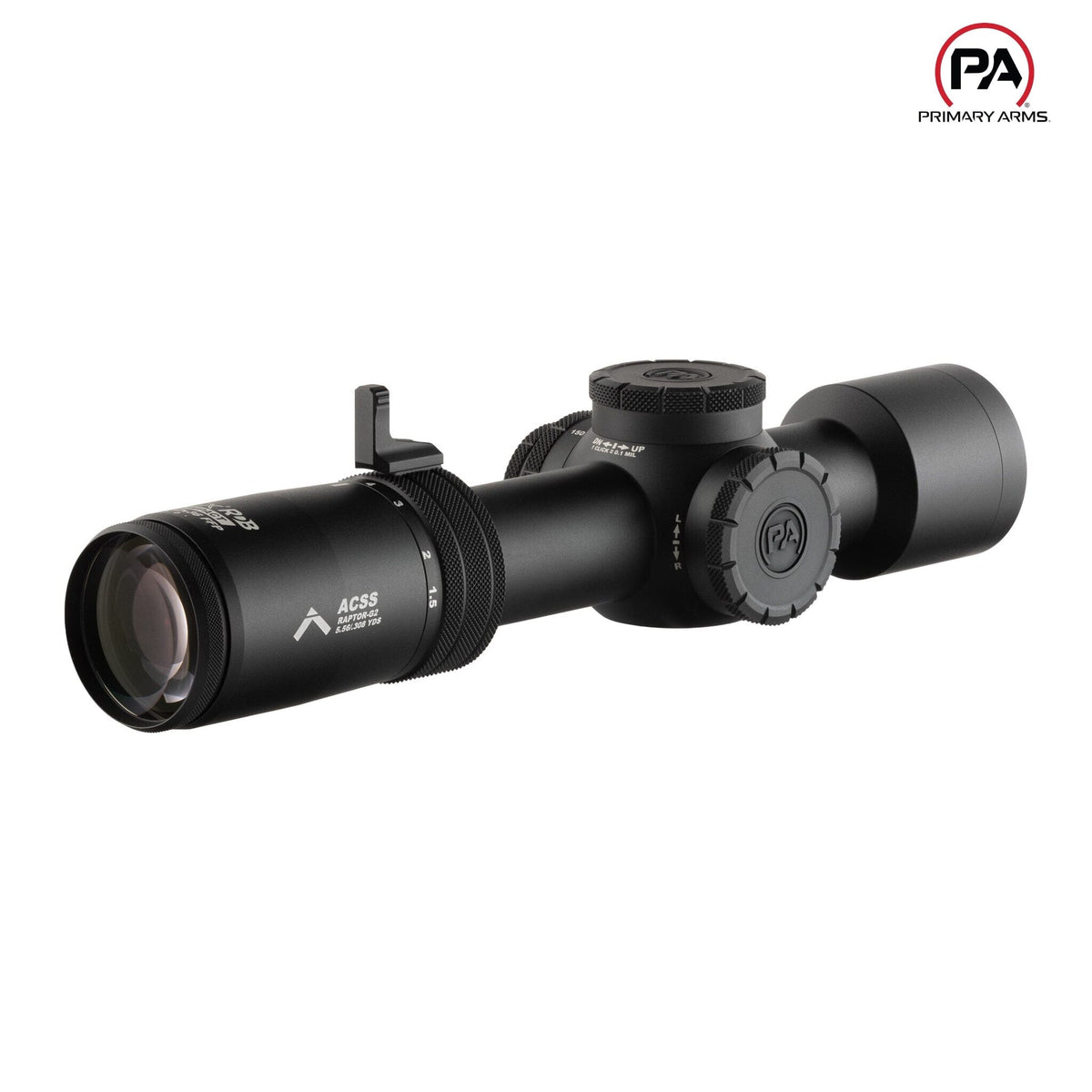 Primary Arms PLxC 1.5-12x36 rifle scope, FFP ACSS Raptor 5.56/.308 Gen II reticle with the RDB red dot bright setting