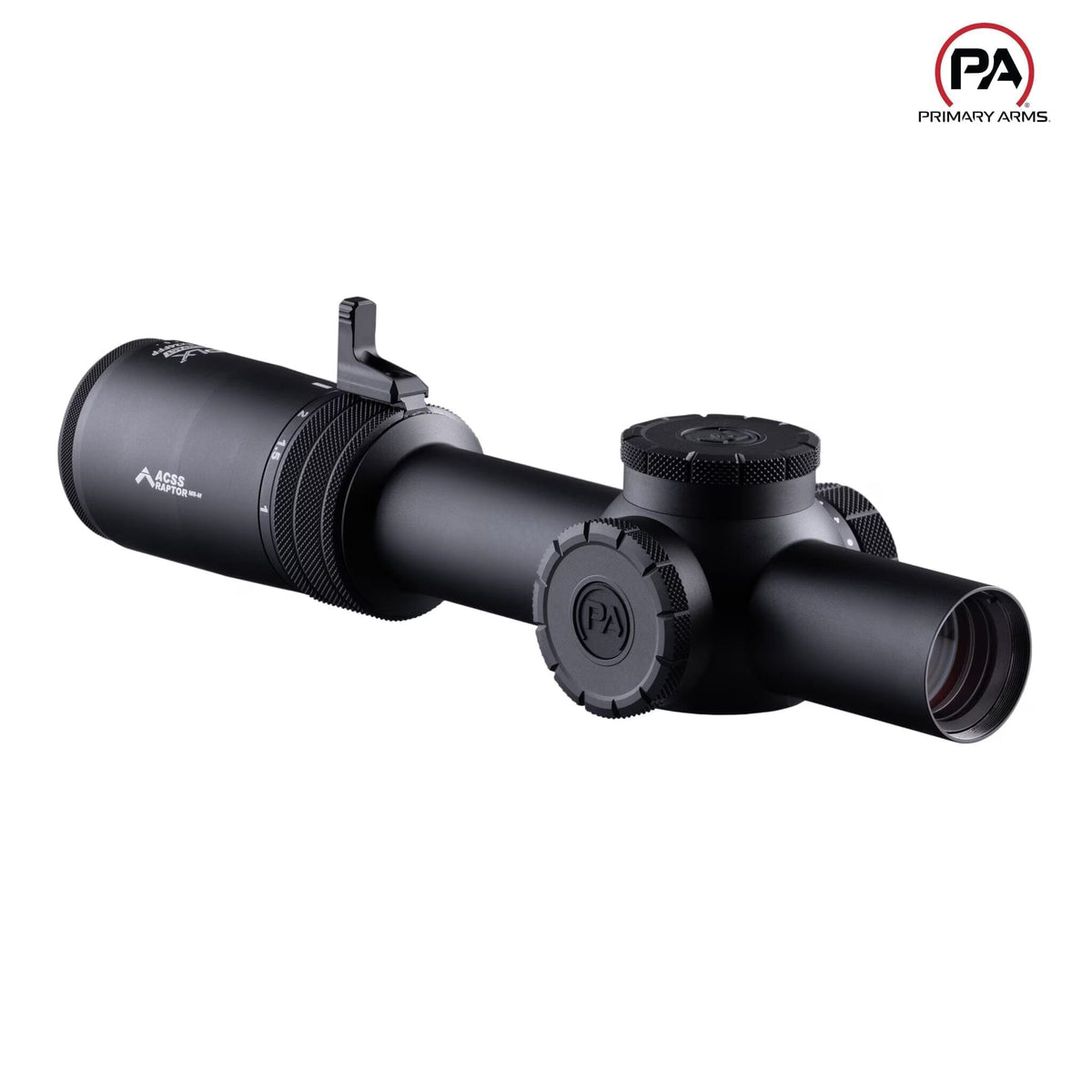 Primary Arms PLxC 1-8x24 LPVO, FFP illuminated ACSS Raptor 5.56 reticle with a 24mm objective lens