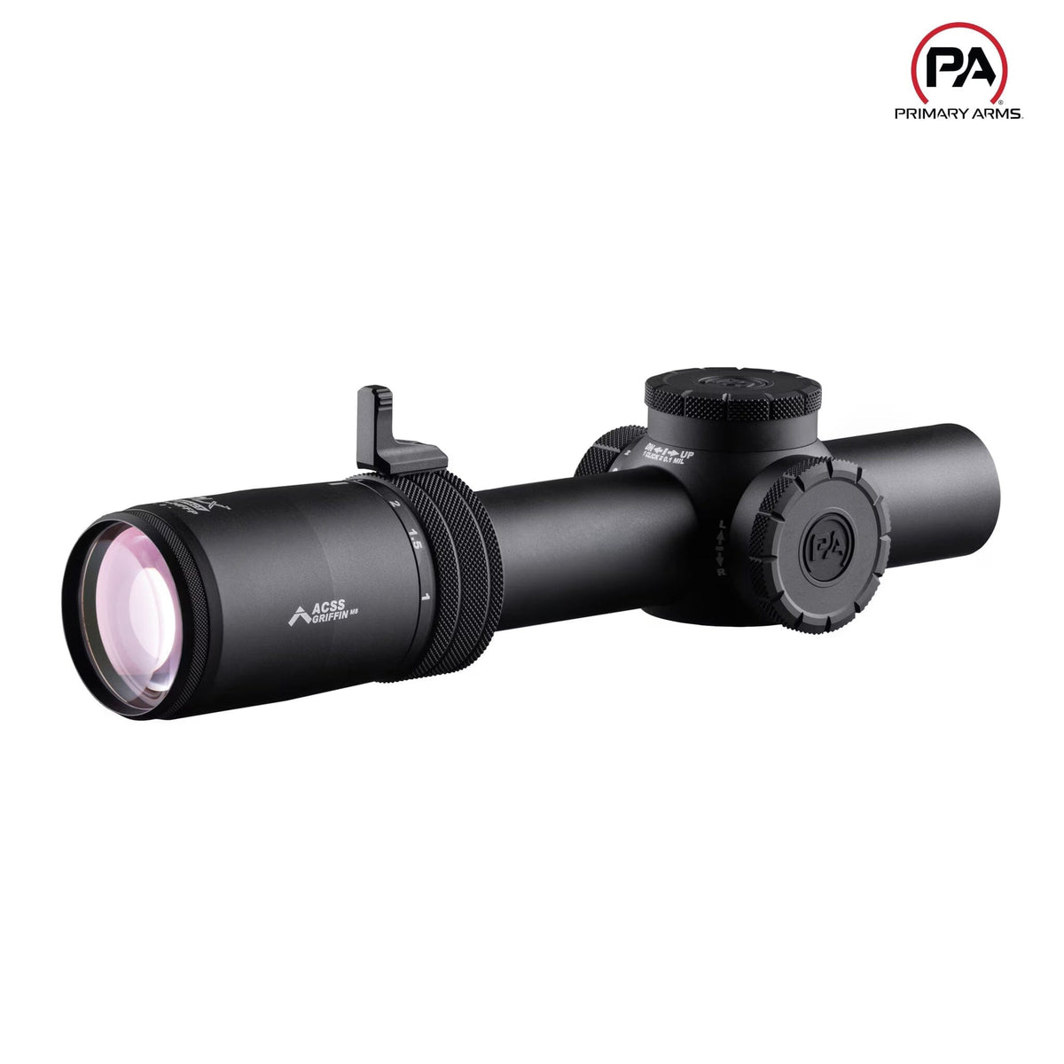 Primary Arms PLxC 1-8x24 LPVO, RDB illuminated ACSS Griffin MIL G2 reticle with a 24mm objective lens