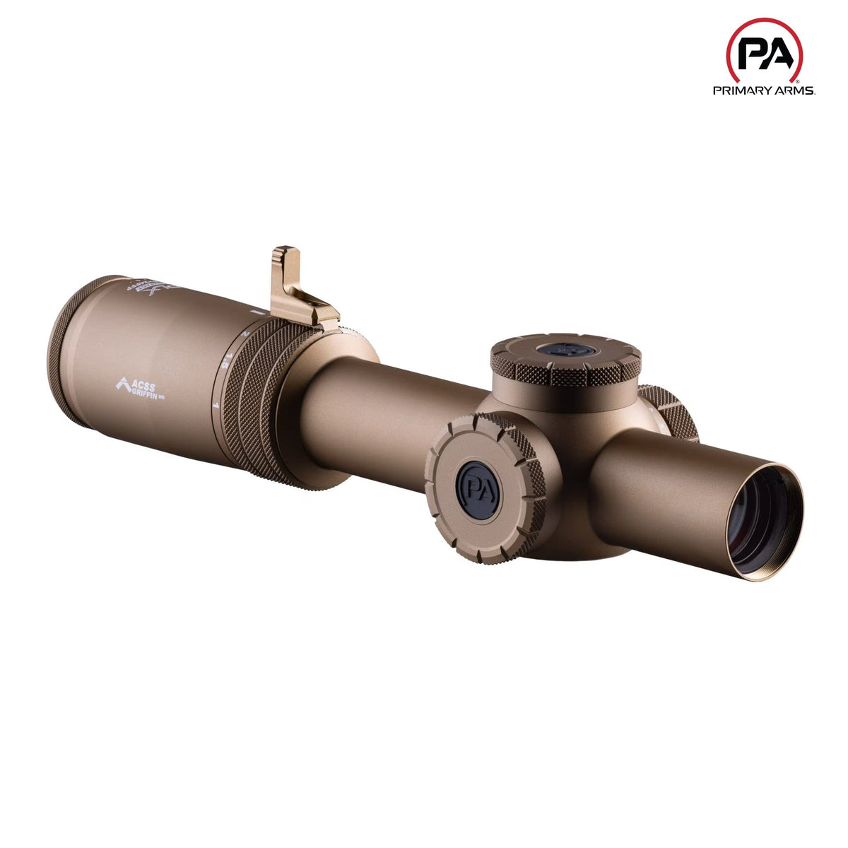 Primary Arms PLxC 1-8x24 LPVO rifle scope in Flat Dark Earth with the RDB red dot bright setting for one-power use