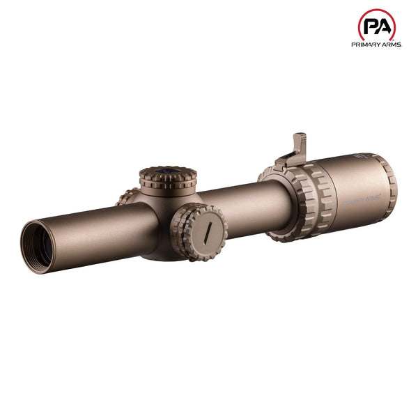 Primary Arms SLx 1-6x24 Gen IV LPVO with a red illuminated ACSS Nova Fibre Wire reticle, Flat Dark Earth finish