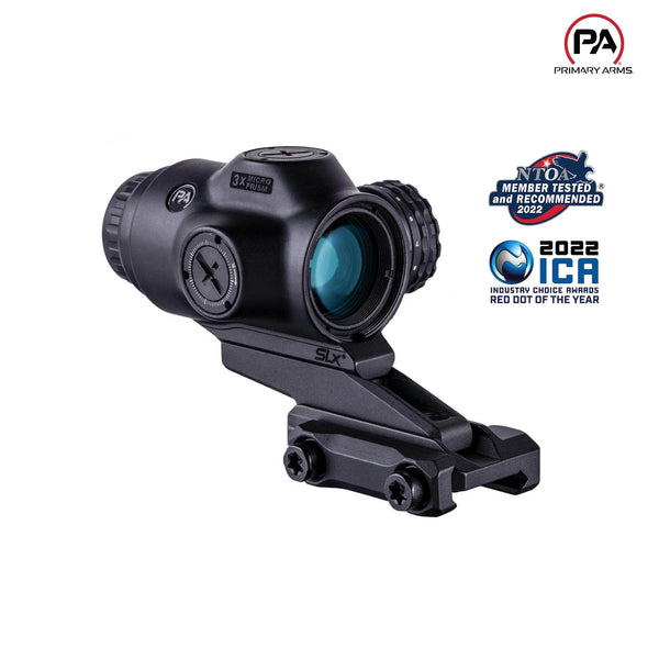 Primary Arms SLx 3X MicroPrism scope with a green illuminated ACSS Raptor 5.56/.308 Yard reticle