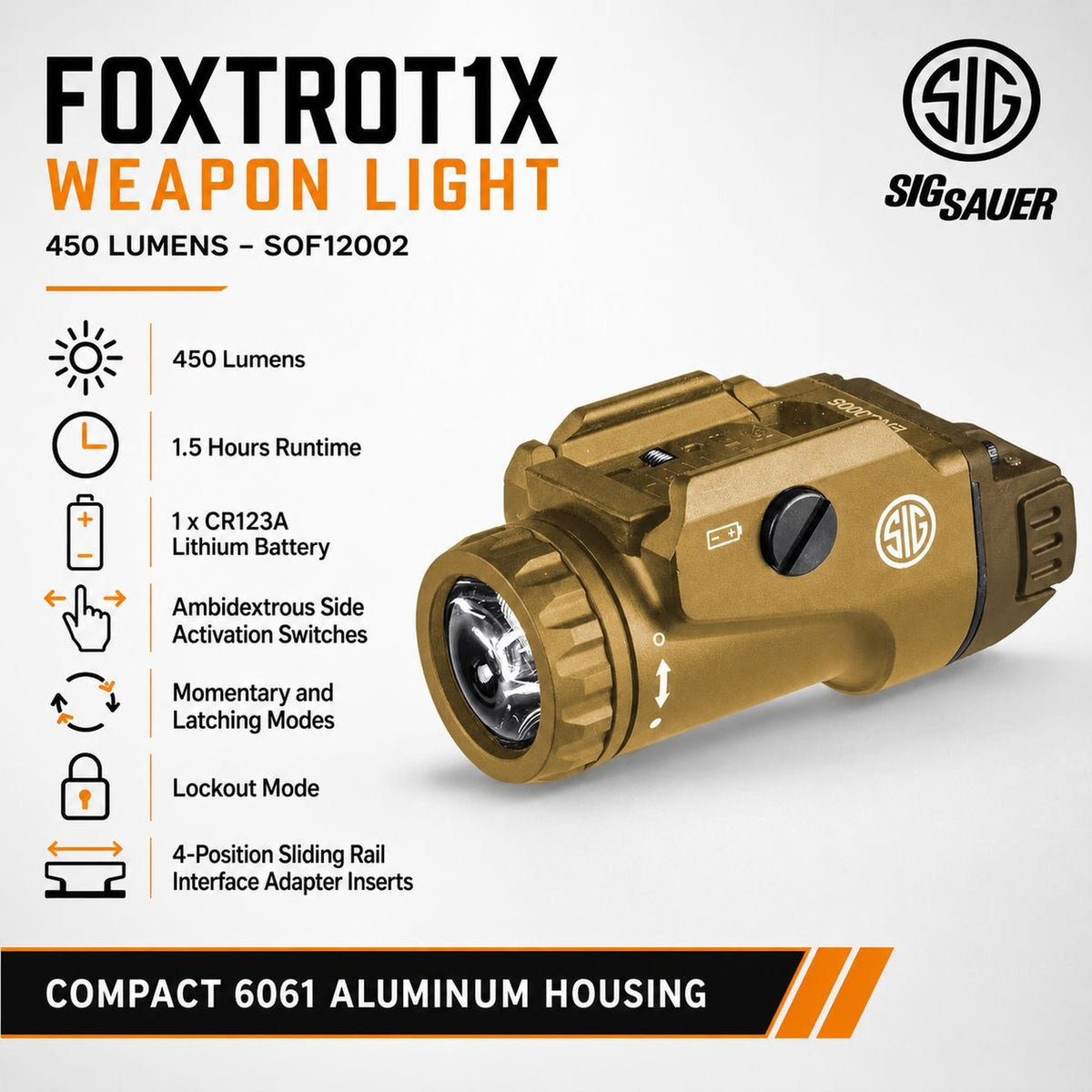SIG Sauer FOXTROT1X weapon light producing 450 lumens in Flat Dark Earth