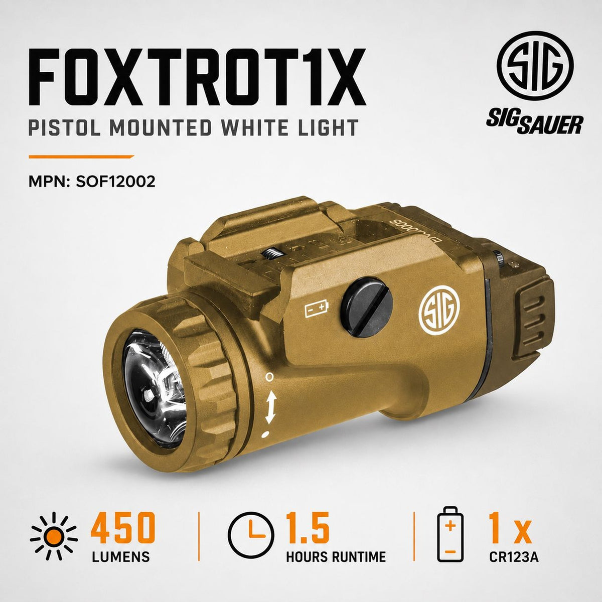 SIG Sauer FOXTROT1X 450 lumen weapon light in Flat Dark Earth with Picatinny rail clamp