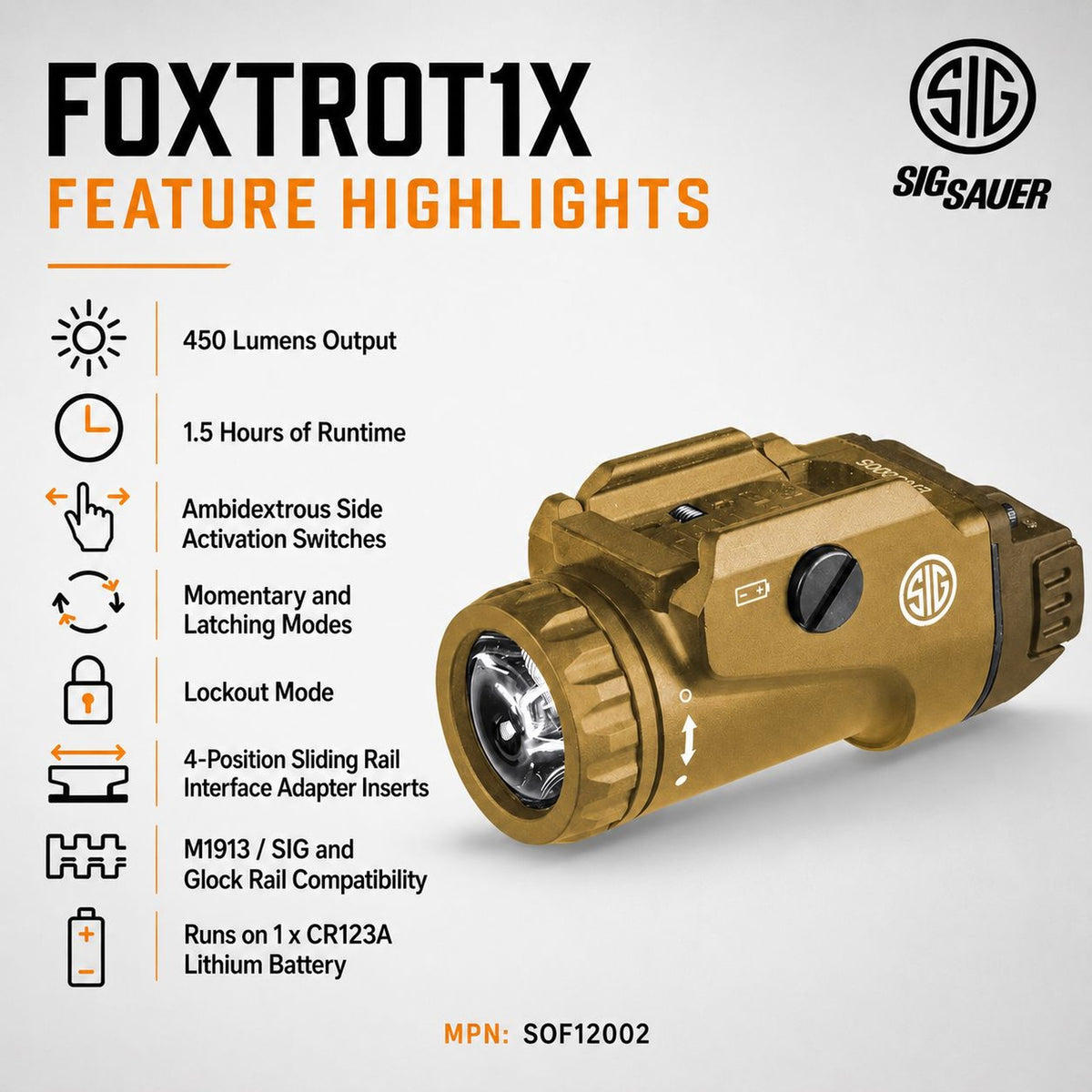 SIG Sauer FOXTROT1X 450 lumen Flat Dark Earth light with ambidextrous activation switches