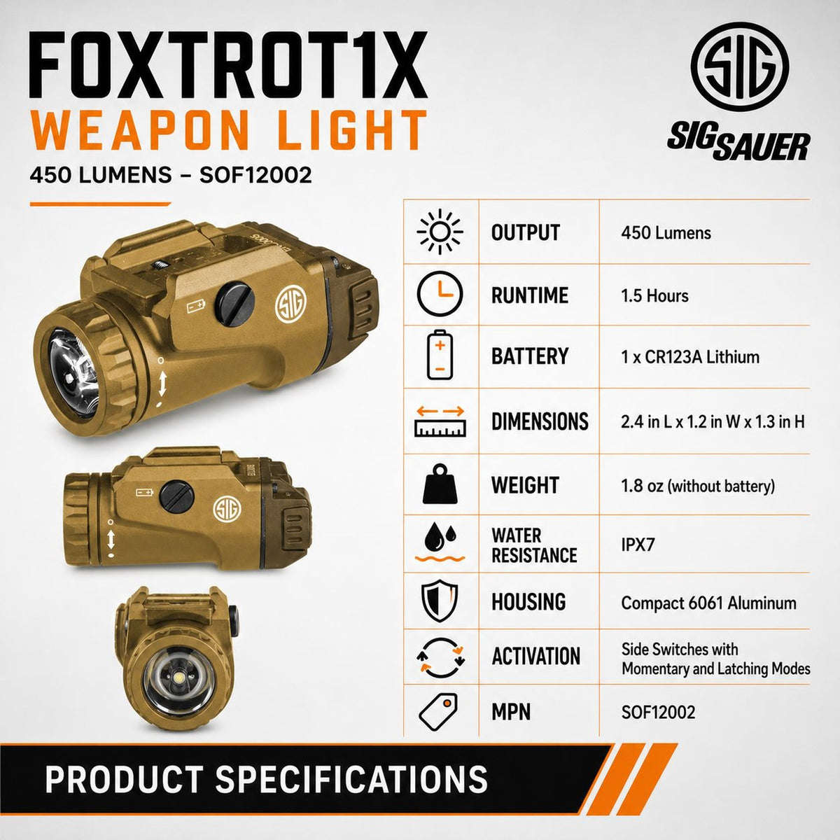 SIG Sauer FOXTROT1X 450 lumen compact Flat Dark Earth light for pistol accessory rails