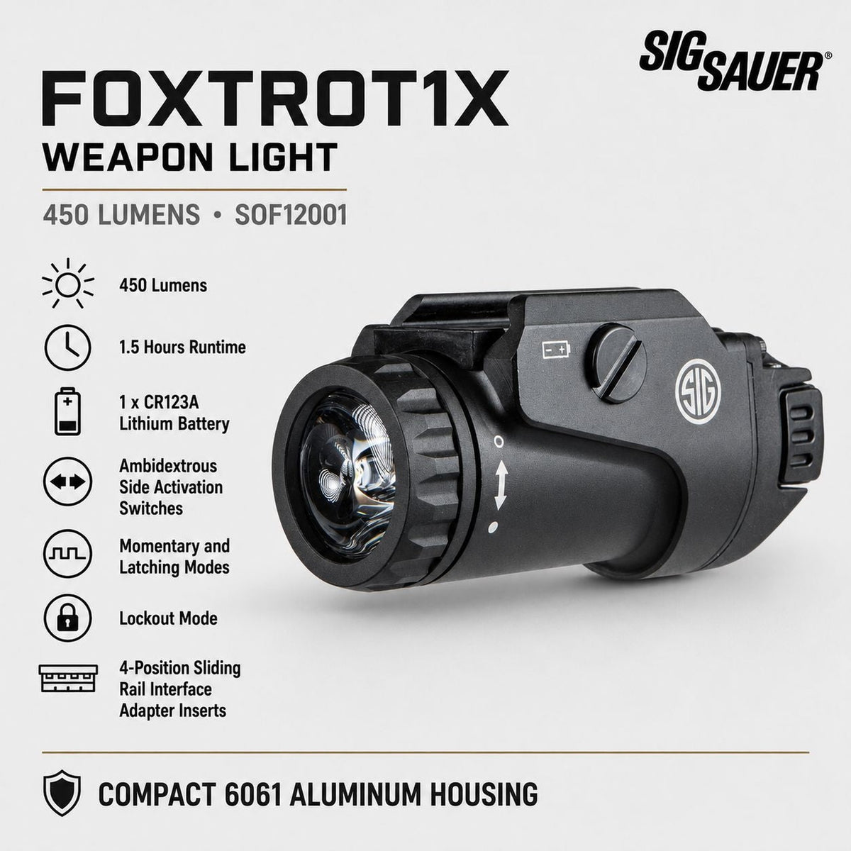 SIG Sauer FOXTROT1X weapon light producing 450 lumens in matte black