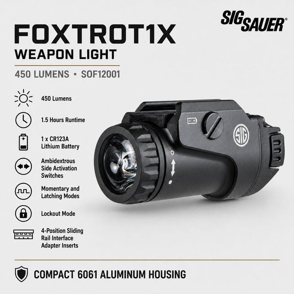 SIG Sauer FOXTROT1X weapon light producing 450 lumens in matte black