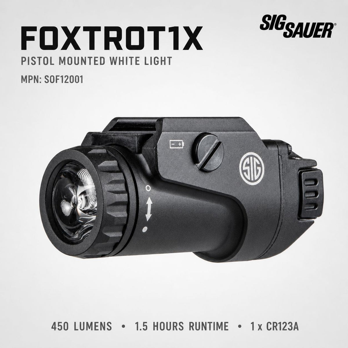 SIG Sauer FOXTROT1X 450 lumen weapon light in matte black with Picatinny rail clamp