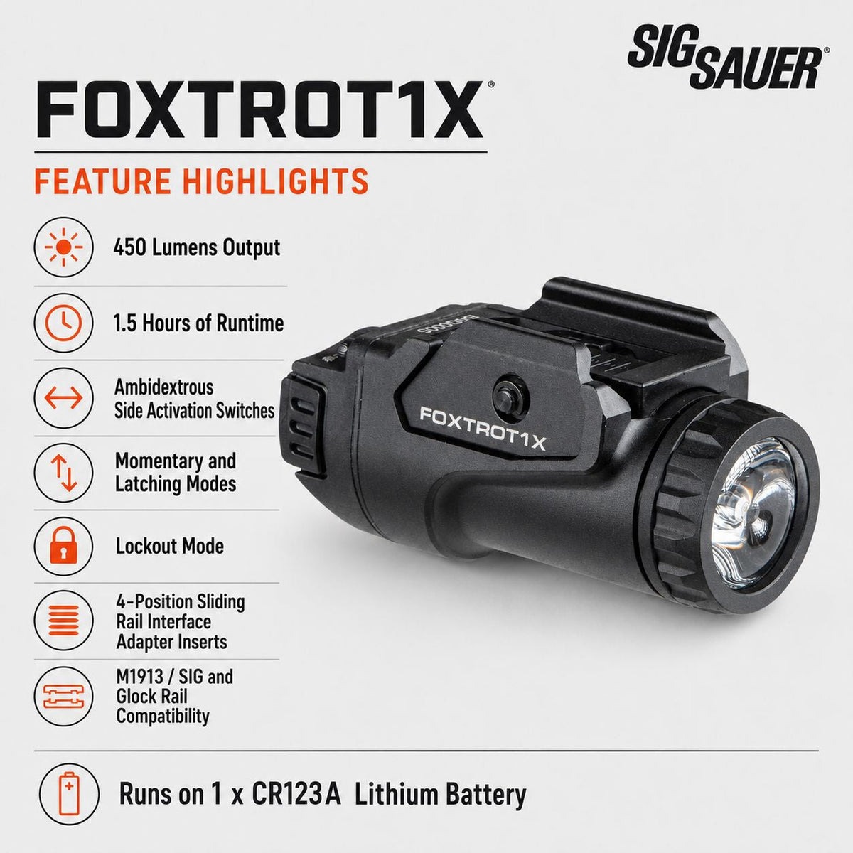 SIG Sauer FOXTROT1X 450 lumen black weapon light with ambidextrous activation switches