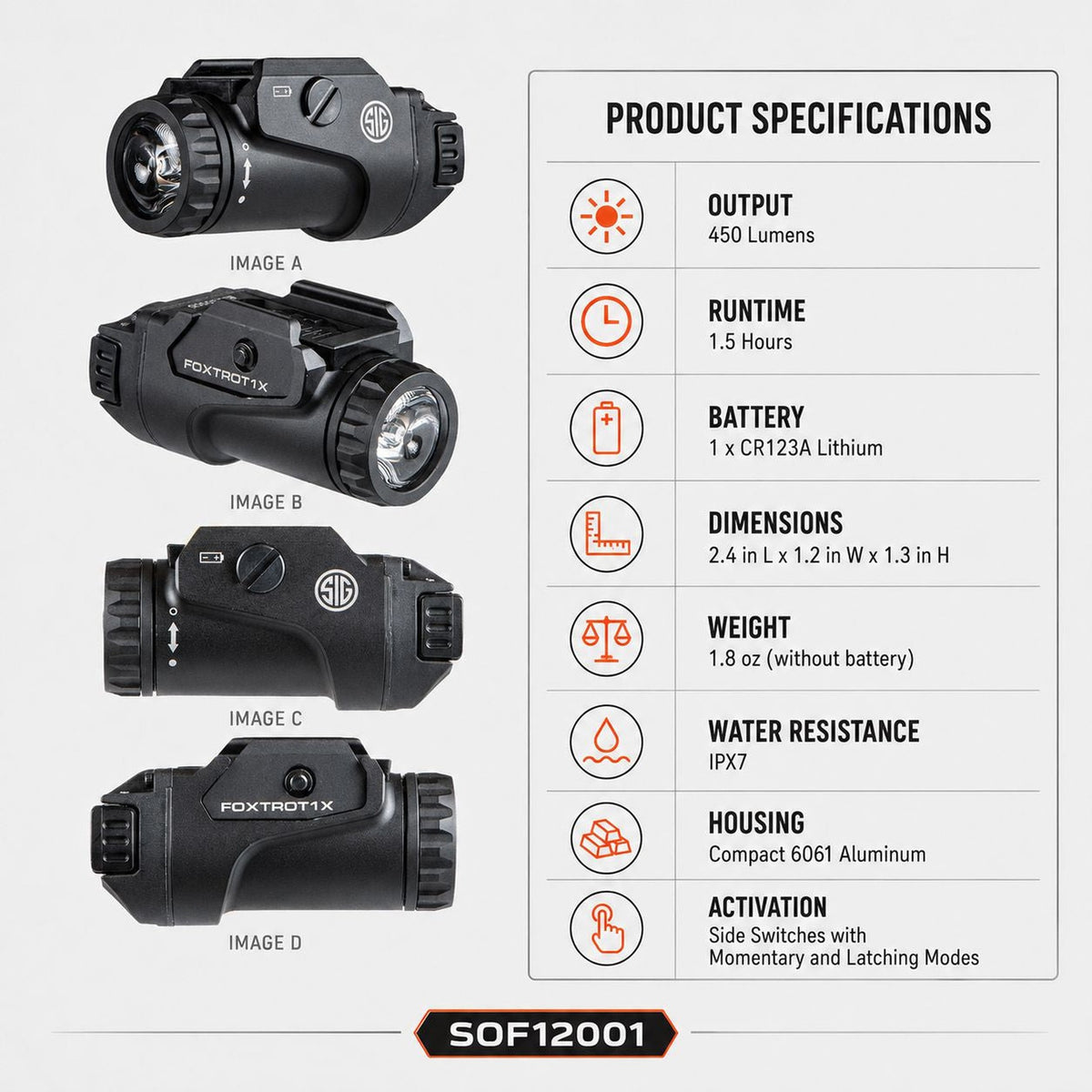 SIG Sauer FOXTROT1X 450 lumen black weapon light with momentary and constant-on modes