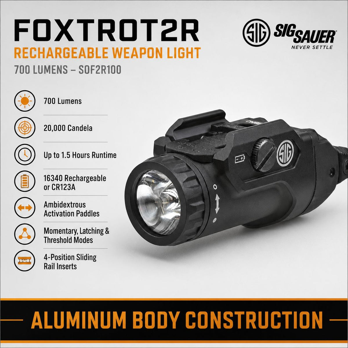 SIG Sauer FOXTROT2R 700 lumen weapon light in black with rechargeable battery pack