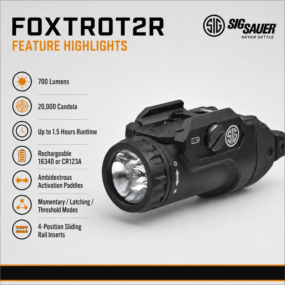 SIG Sauer FOXTROT2R 700 lumen black weapon light with Picatinny rail clamp