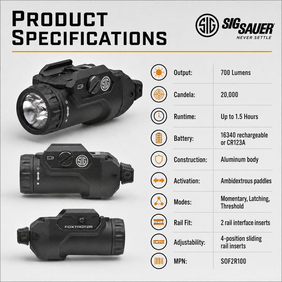 SIG Sauer FOXTROT2R 700 lumen black weapon light with ambidextrous activation switches