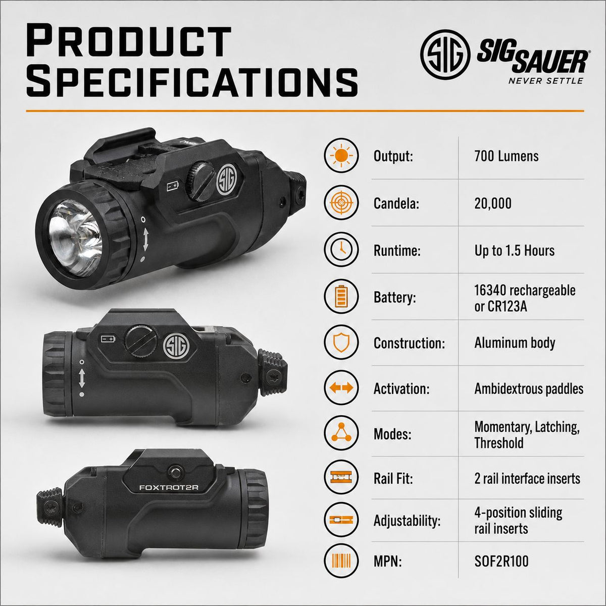 SIG Sauer FOXTROT2R Rechargeable Weapon Light 700 Lumens – SOF2R100