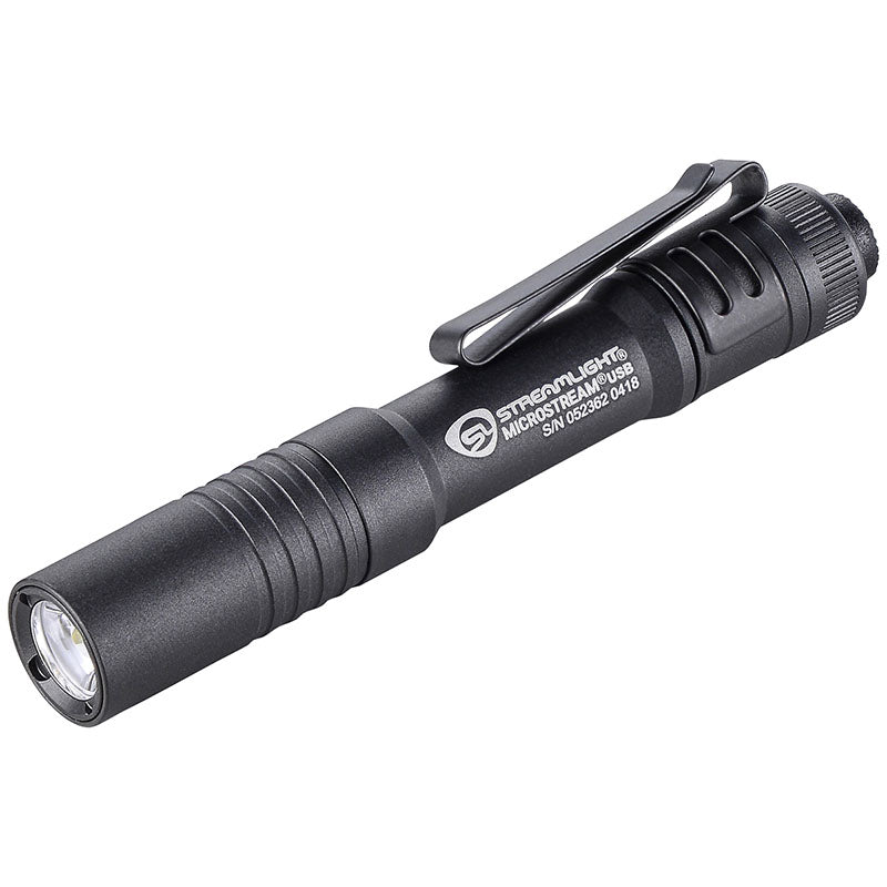 Streamlight MicroStream USB torch in black with its pocket clip and tail switch