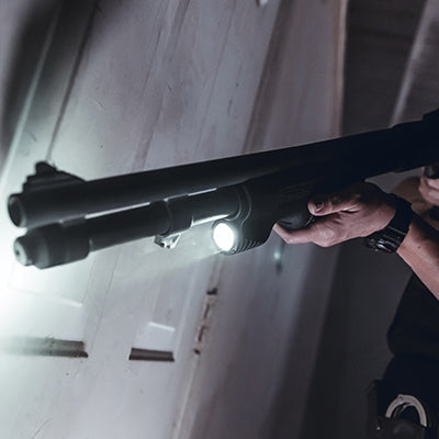 Streamlight TL-Racker forend light for the Mossberg 500 and 590 lighting a doorway