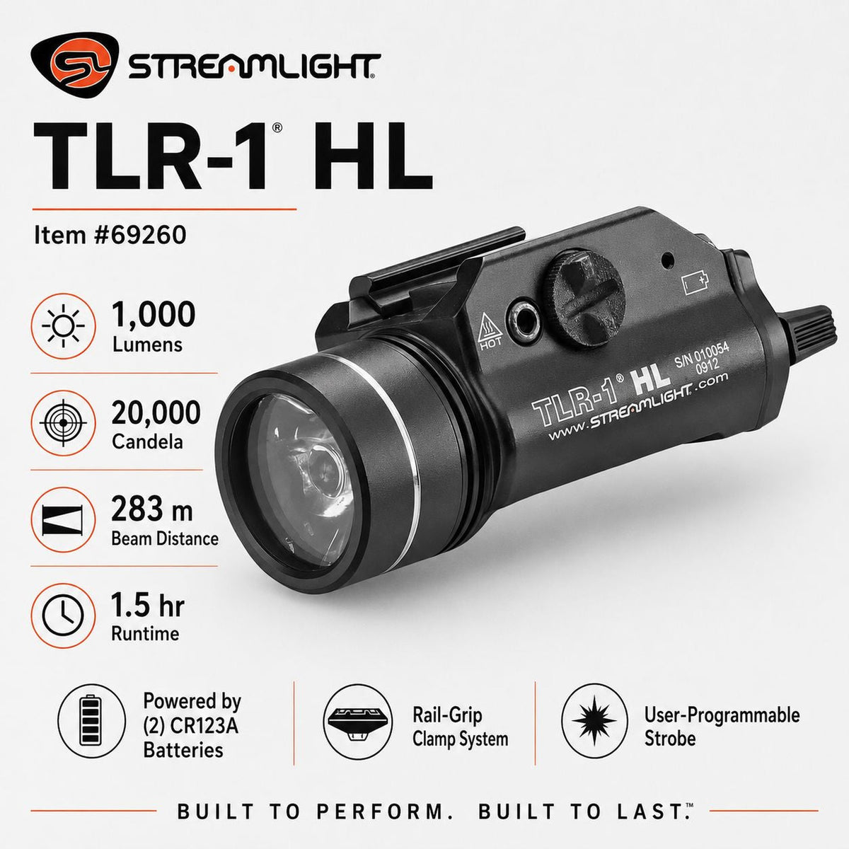 Streamlight TLR-1 HL weapon light reaching 283 metres for 1.5 hours