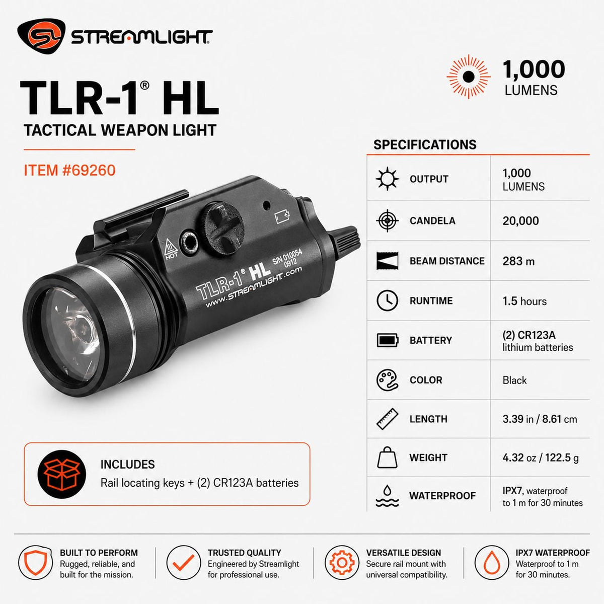 Streamlight TLR-1 HL weapon light in 6000-series aluminium rated IPX7