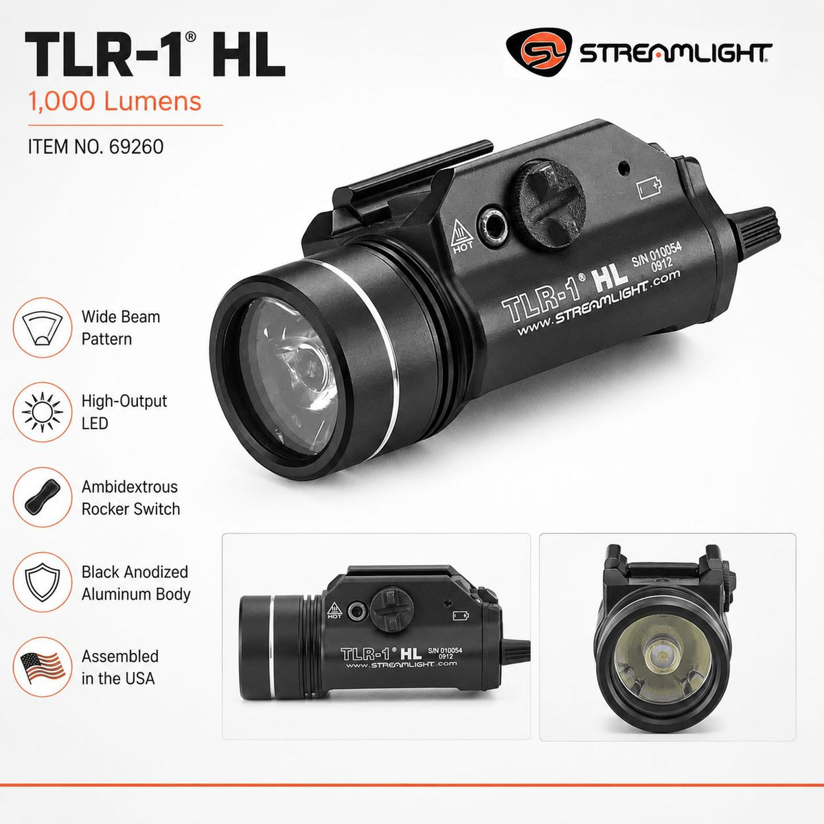 Streamlight TLR-1 HL weapon light at 3.39 inches and 4.32 oz