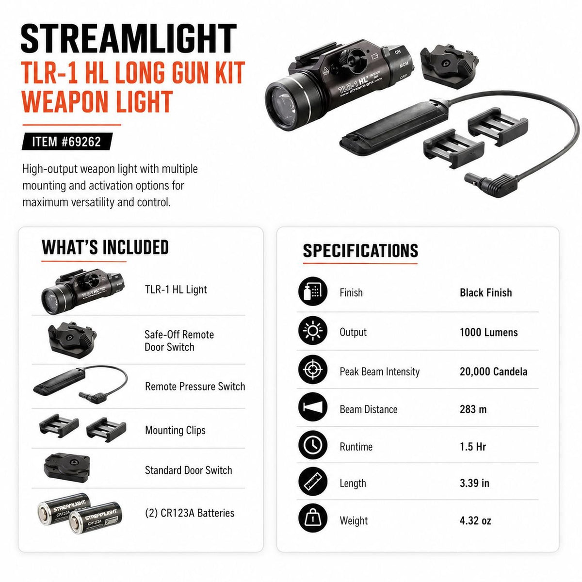 Streamlight TLR-1 HL Long Gun Kit weapon light in 6000-series aluminium rated IPX7