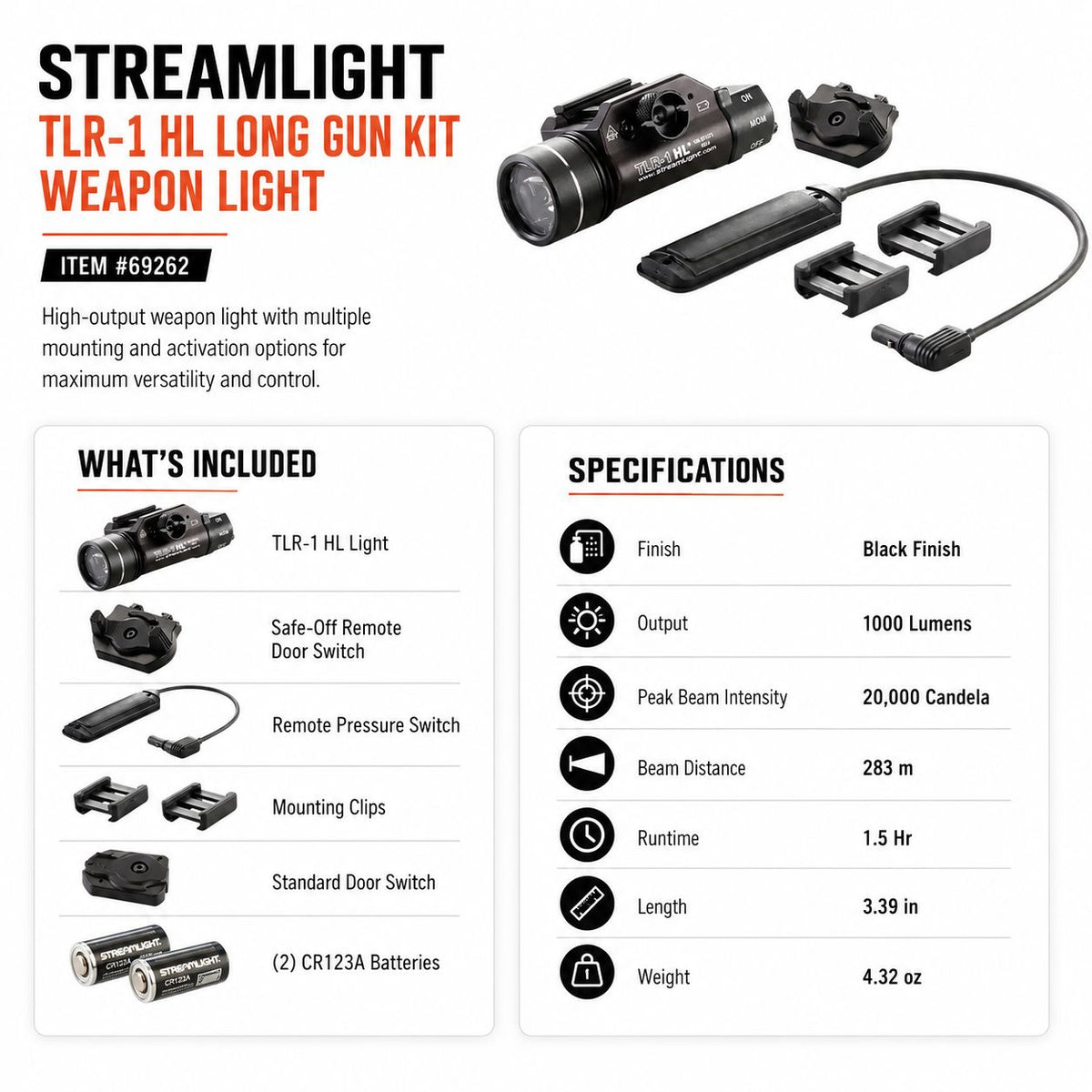 Streamlight TLR-1 HL Long Gun Kit Weapon Light 1000 Lumens – 69262