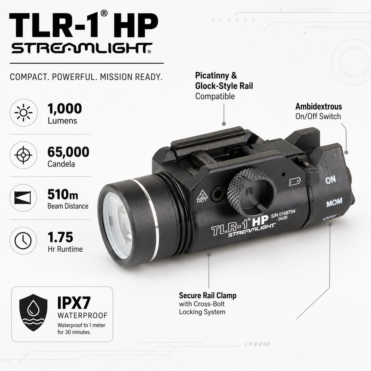 Streamlight TLR-1 HP Long Gun Kit weapon light running two CR123A cells for 1.75 hours