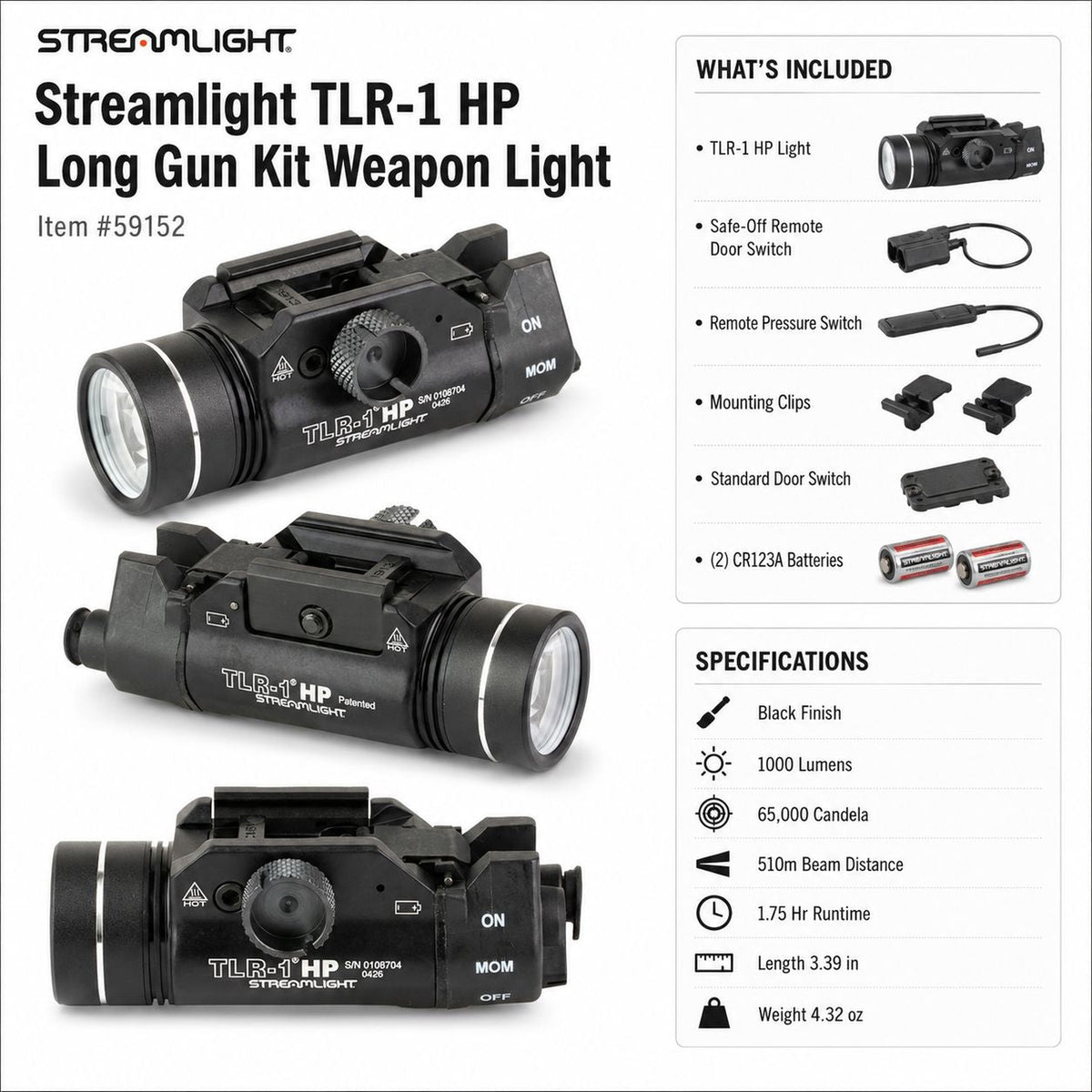 Streamlight TLR-1 HP Long Gun Kit weapon light on a tool-free Picatinny rail clamp