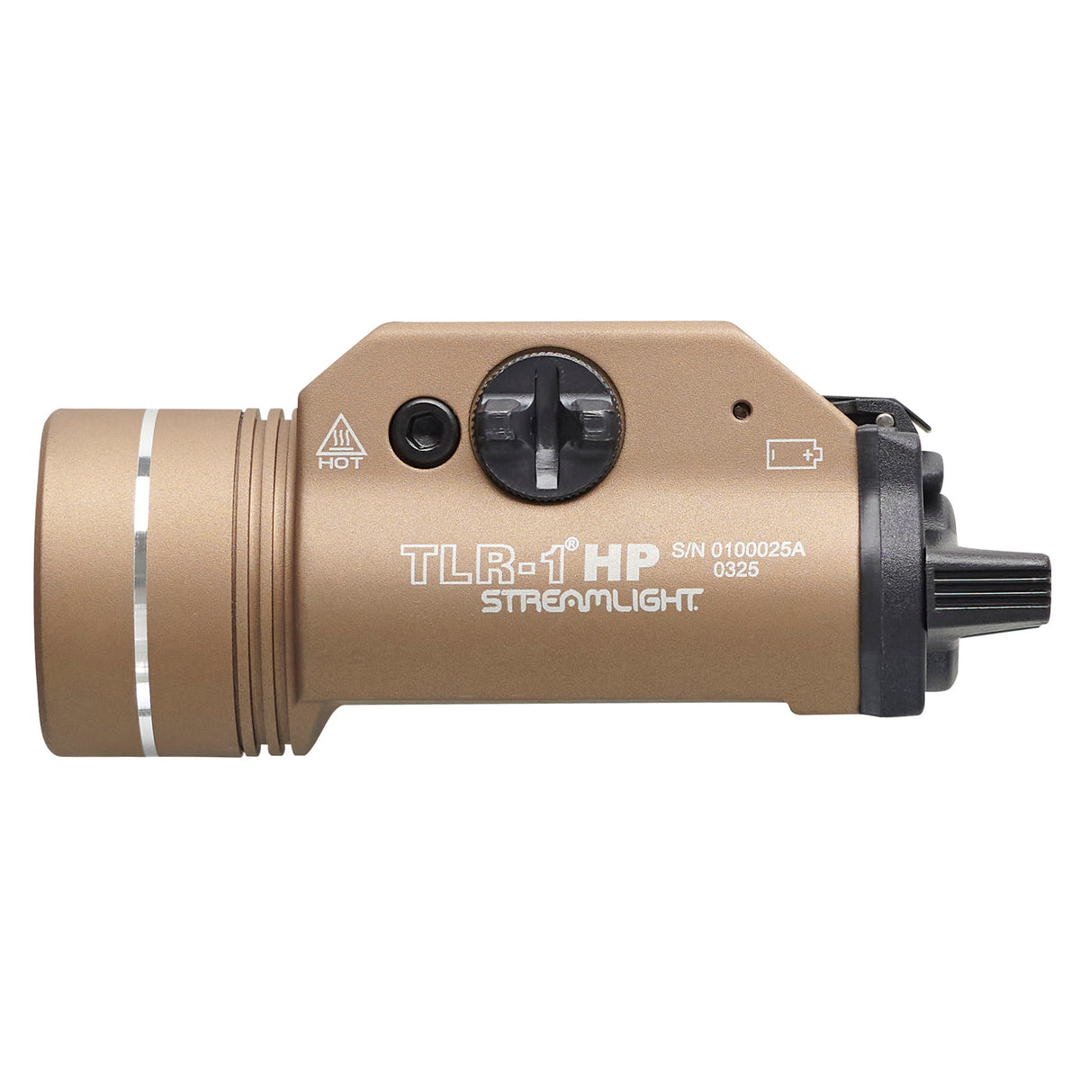 Streamlight TLR-1 HP weapon light in Flat Dark Earth running two CR123A cells in 6000-series aluminium