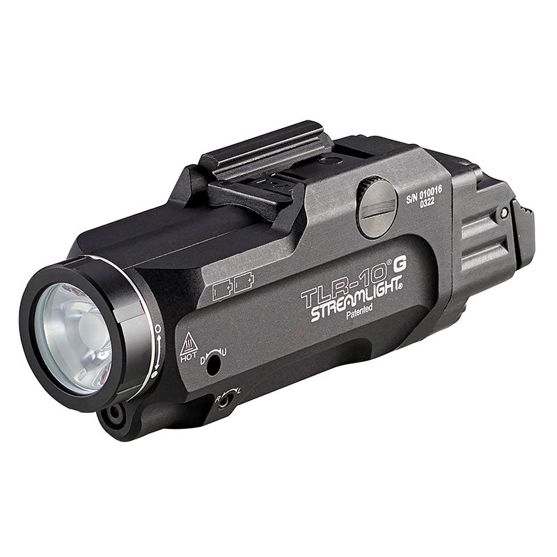 Streamlight TLR-10 G Flex weapon light with green laser, shown at a three-quarter angle