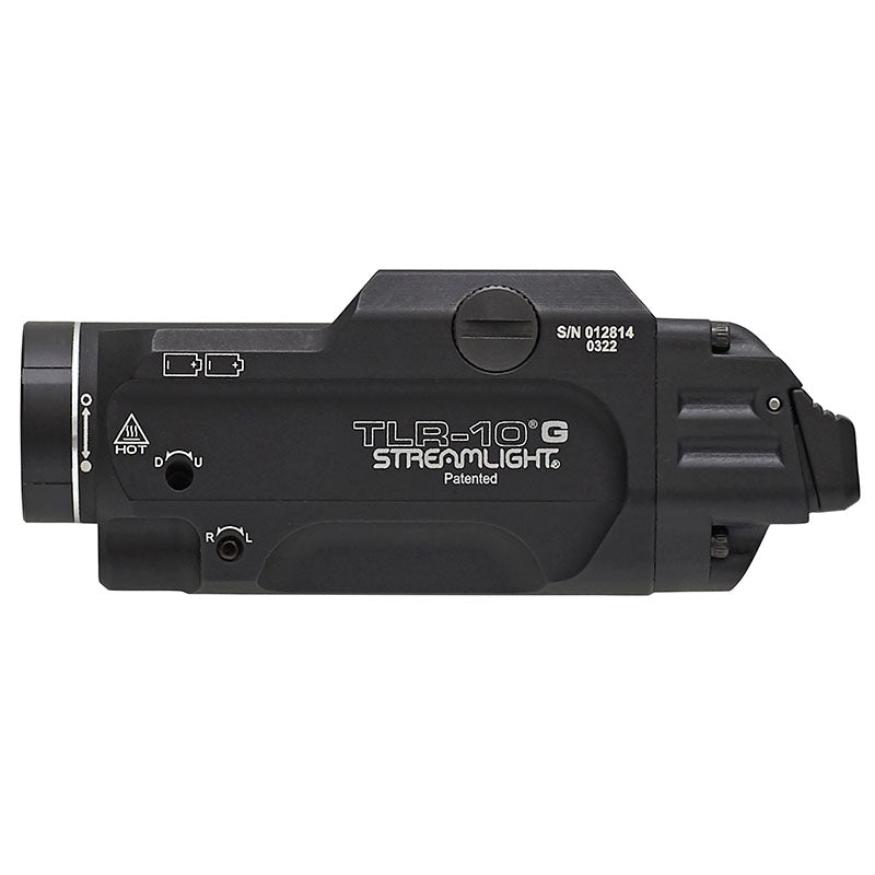 Streamlight TLR-10 G Flex weapon light with green laser beside the white LED bezel
