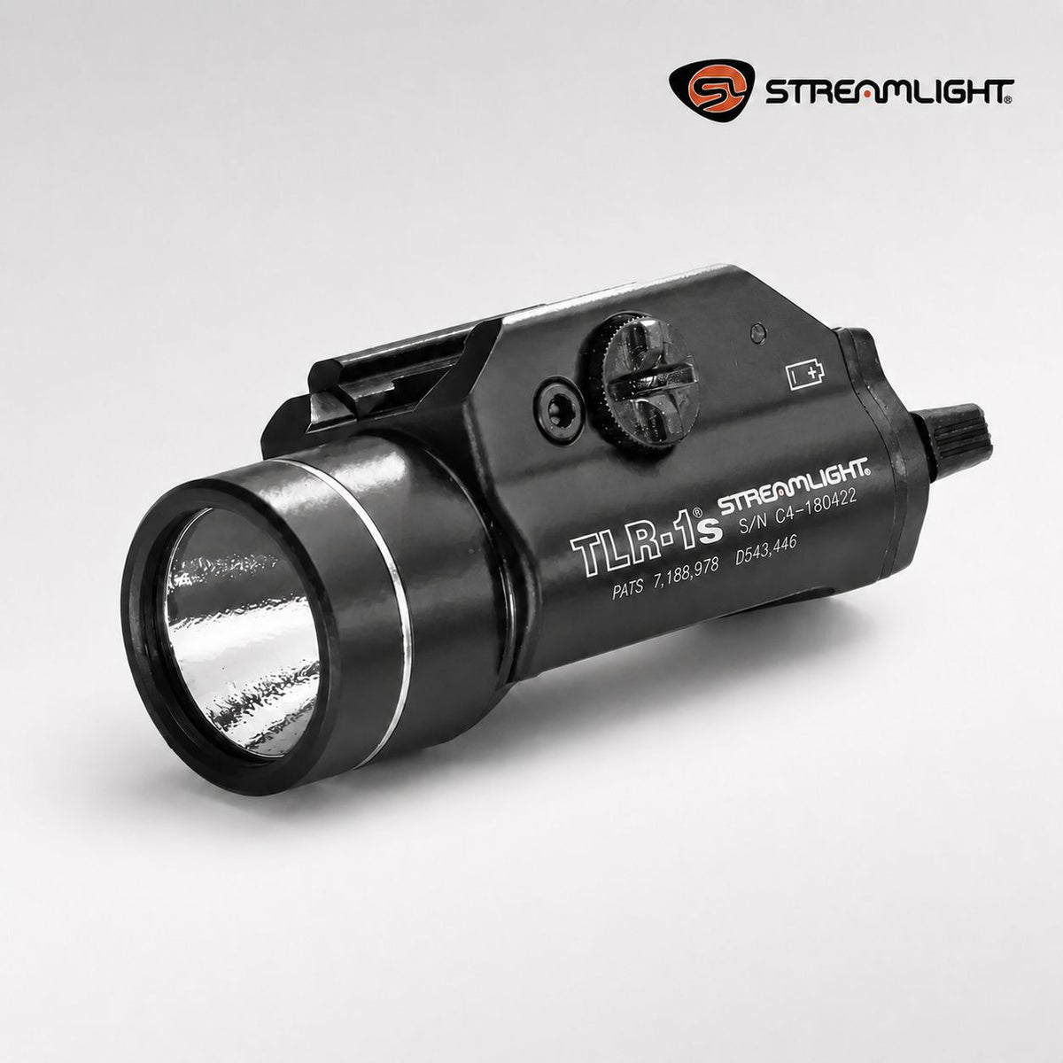 Streamlight TLR-1s weapon light with strobe at 3.39 inches on a rail grip clamp